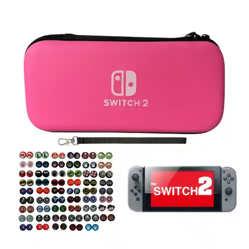 Estuche Rígido Rosa + Vidrio + 2 Grips Compatible Con Switch 2