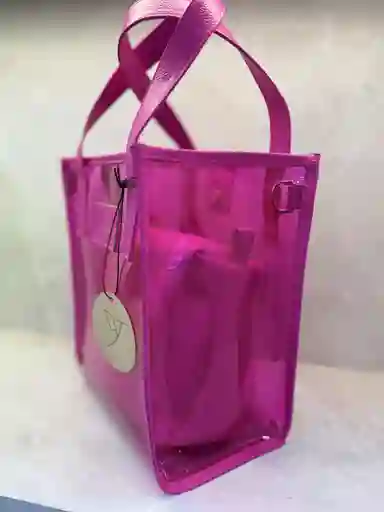 Bolso Transparente Mediano Fucsia Y Cuero Mini Bolso Interno
