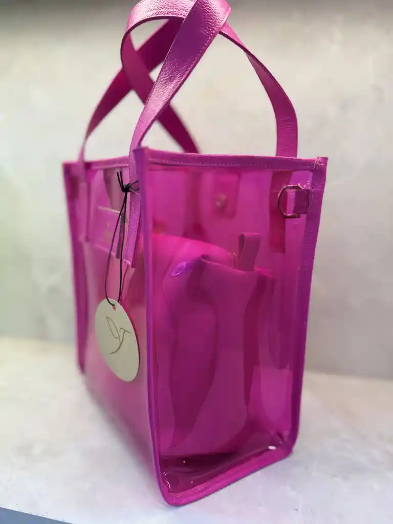 Bolso Transparente Mediano Fucsia Y Cuero Mini Bolso Interno