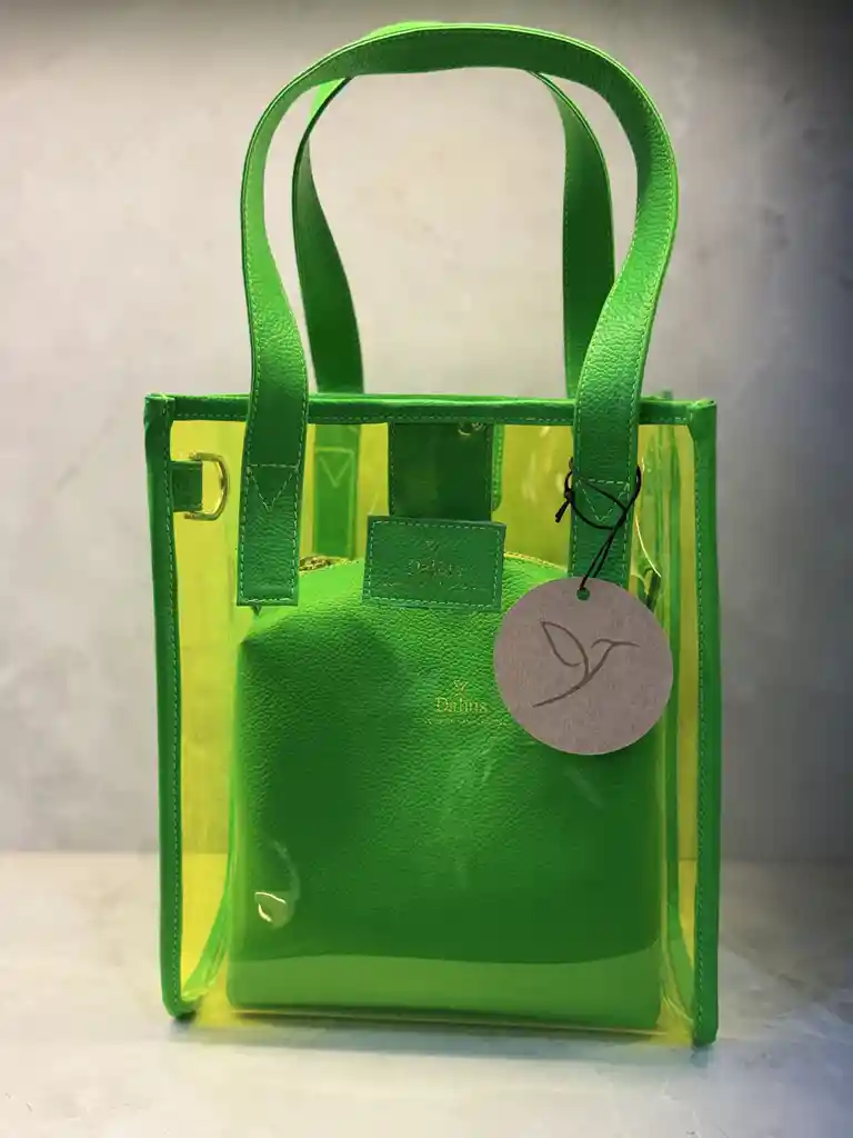Bolso Transparente Mediano Verde Vinilo Y Cuero Mini Bolso Interno