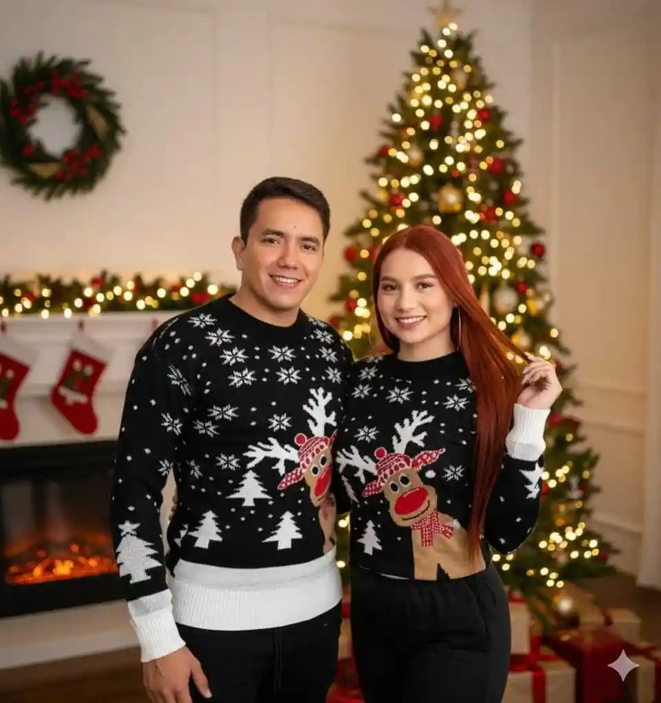 Saco Negro Talla Xl Reno Borde Blanco Navideño Lana Tejido Navidad