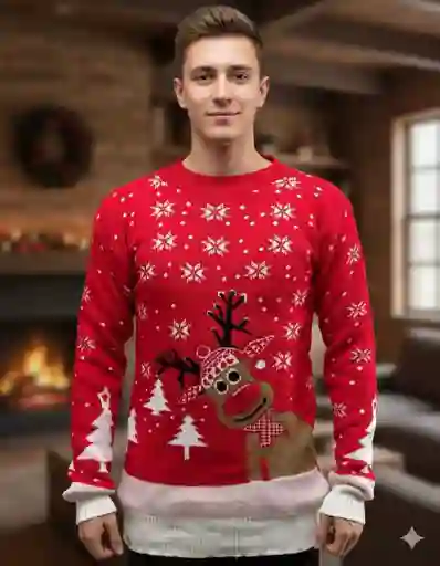 Saco Rojo Talla M Reno Borde Blanco Navideño Lana Tejido Navidad