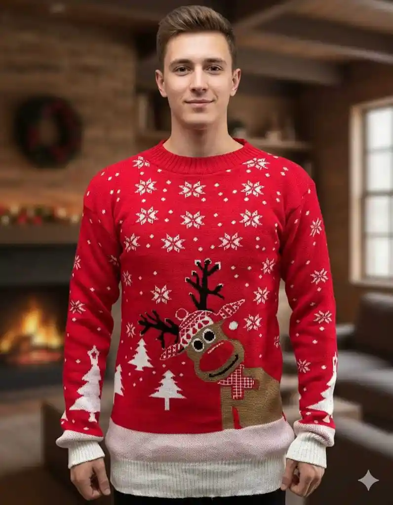 Saco Rojo Talla M Reno Borde Blanco Navideño Lana Tejido Navidad