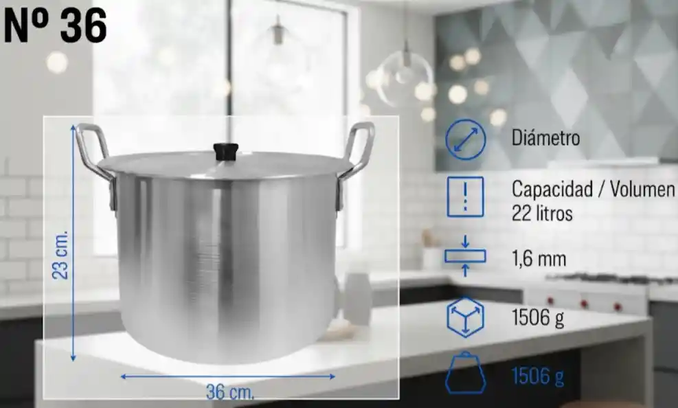 Olla Grande Sancho 22 Litros Ligera Practica 36 Cm Calidad Aluminio Extra Fuerte