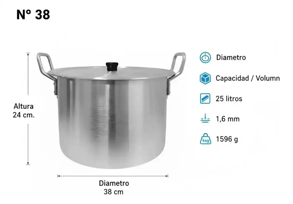 Olla Grande 25 Litros Sancocho Ligera Practica 38 Cm Calidad Aluminio Extra Fuerte Resistente