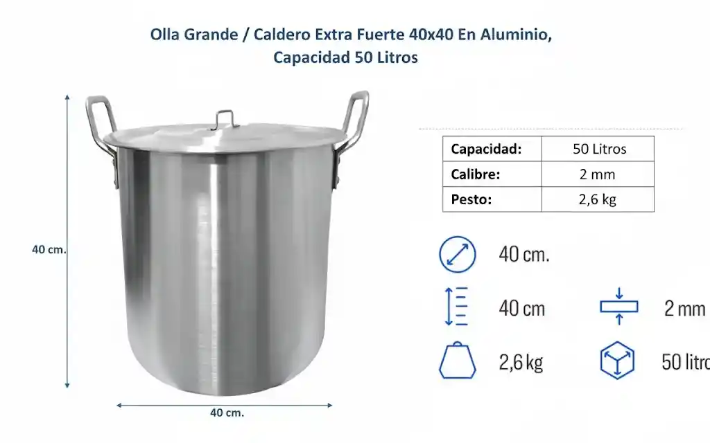 Olla Grande 50 Litros Tamalera Sopa Sancocho 40x40 Aluminio Extra Fuerte Resistente