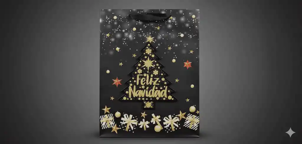 Bolsa De Regalo Navideña 40x30 Cm – Cartulina Negra Con Motivos Festivos Surtidos