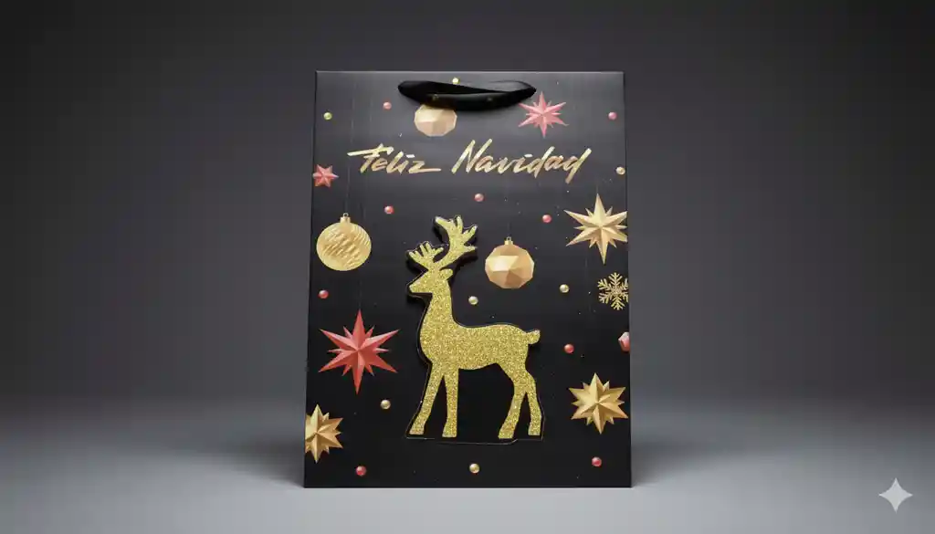 Bolsa De Regalo Navideña 40x30 Cm – Cartulina Negra Con Motivos Festivos Surtidos