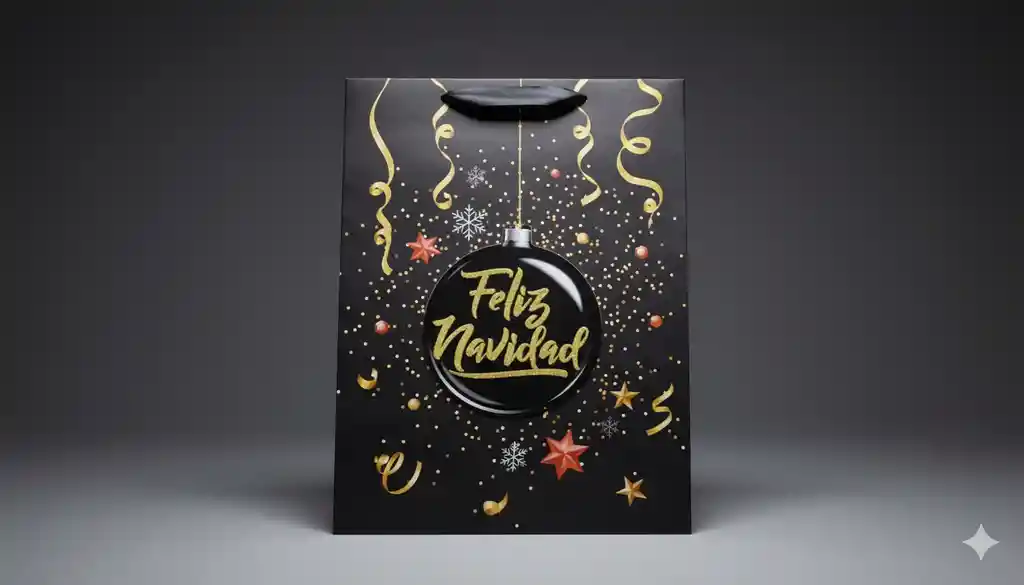 Bolsa De Regalo Navideña 40x30 Cm – Cartulina Negra Con Motivos Festivos Surtidos