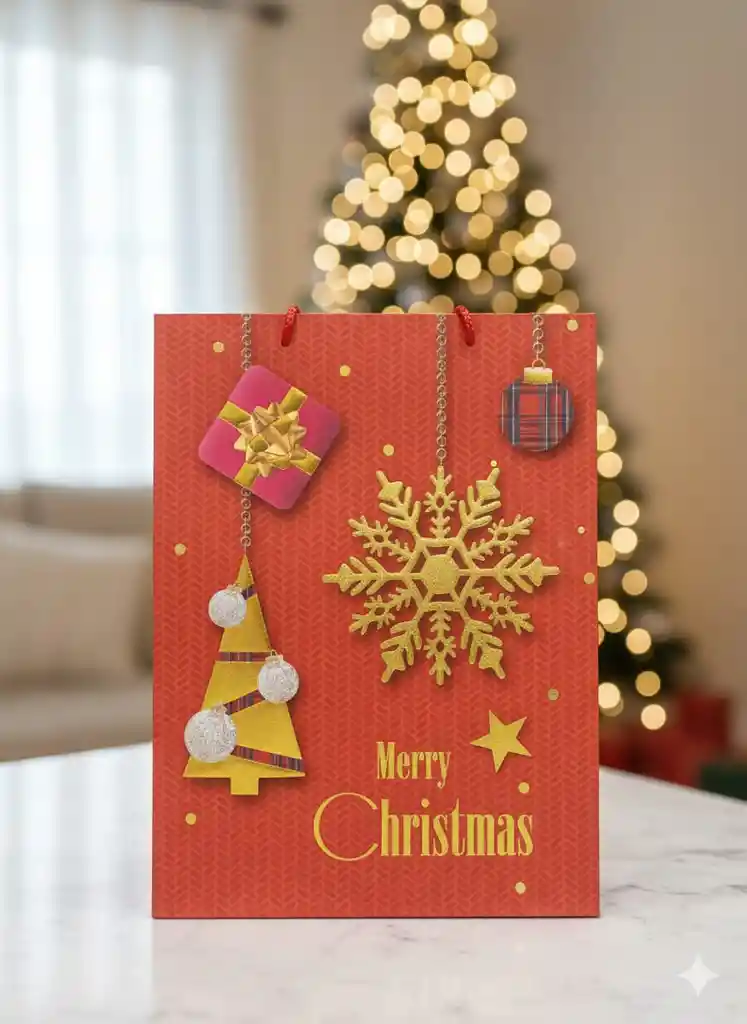 Bolsa De Regalo Navideña 40x30 Cm – Cartulina Festiva Con Detalles Dorados Y Motivos Surtidos