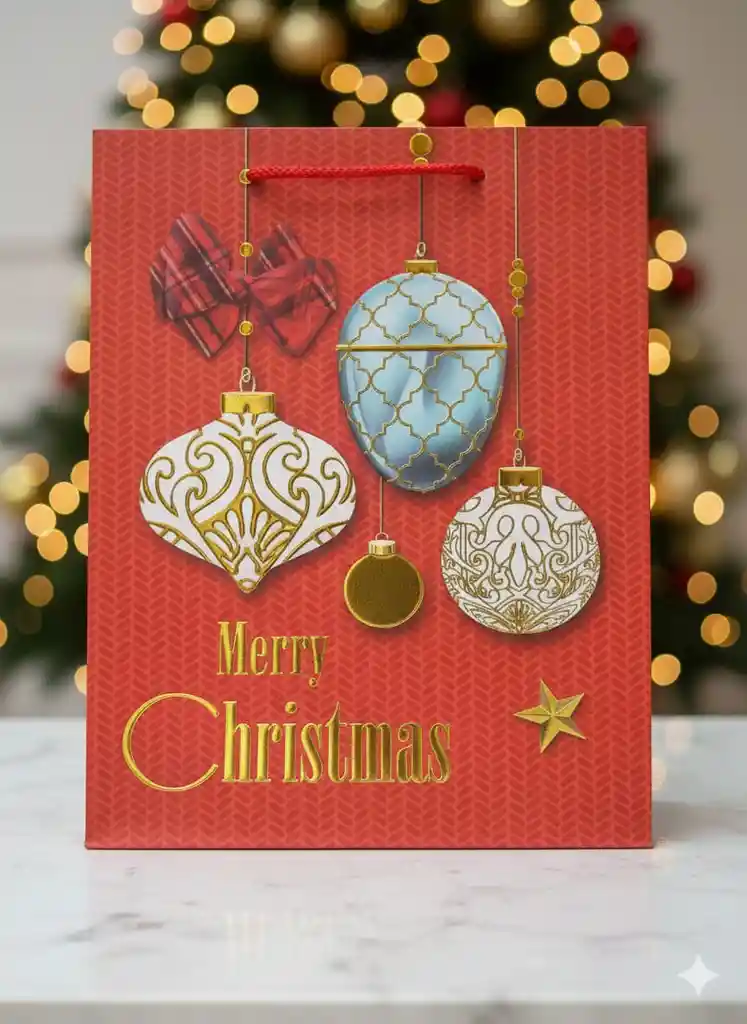 Bolsa De Regalo Navideña 40x30 Cm – Cartulina Festiva Con Detalles Dorados Y Motivos Surtidos