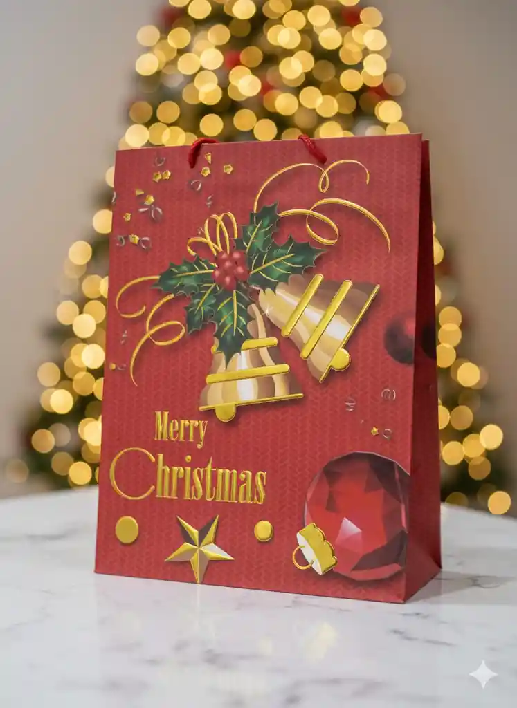 Bolsa De Regalo Navideña 40x30 Cm – Cartulina Festiva Con Detalles Dorados Y Motivos Surtidos