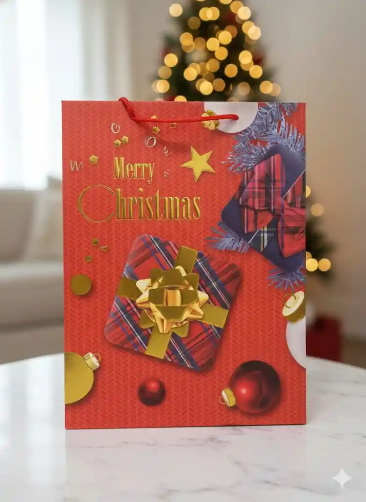 Bolsa De Regalo Navideña 40x30 Cm – Cartulina Festiva Con Detalles Dorados Y Motivos Surtidos