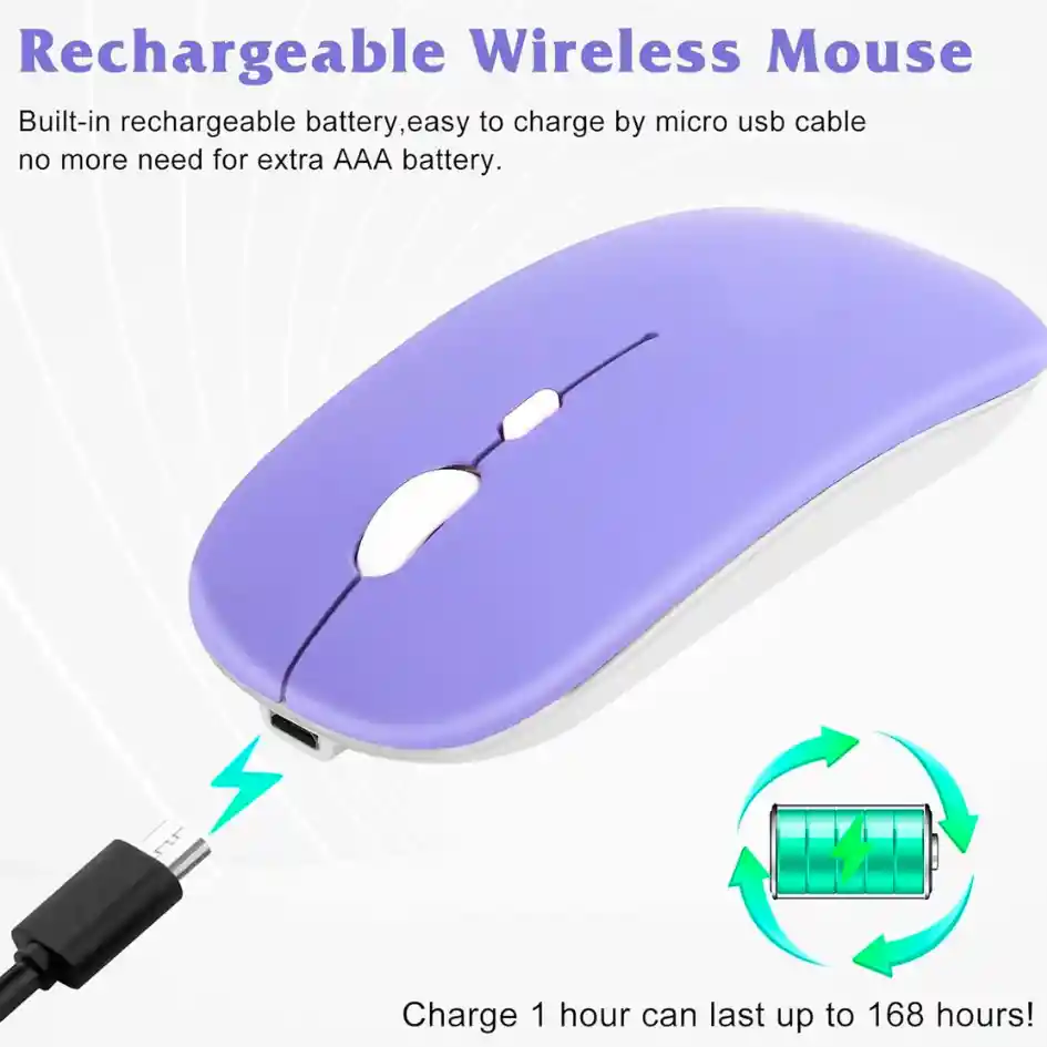 Mouse Inalámbrico Conexión Bluetooth Recargable Usb Lila