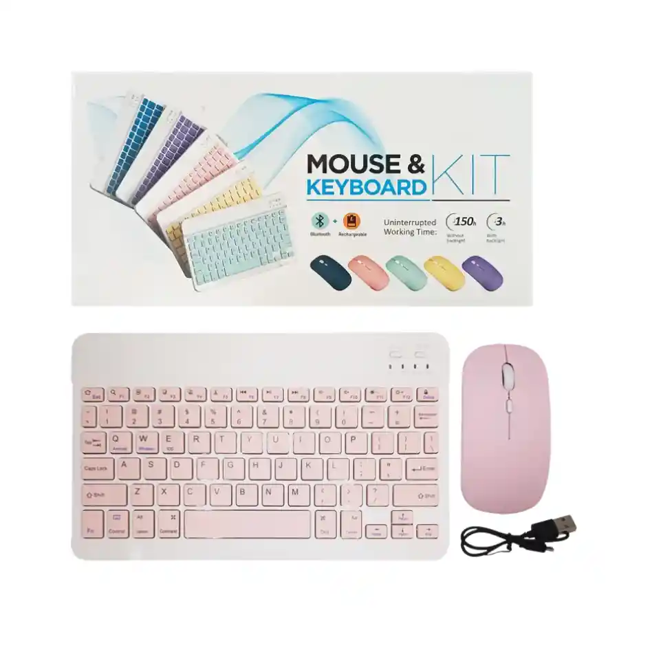 Combo Teclado Mas Mouse Inalámbrico Bluetooth Recargable Rosado