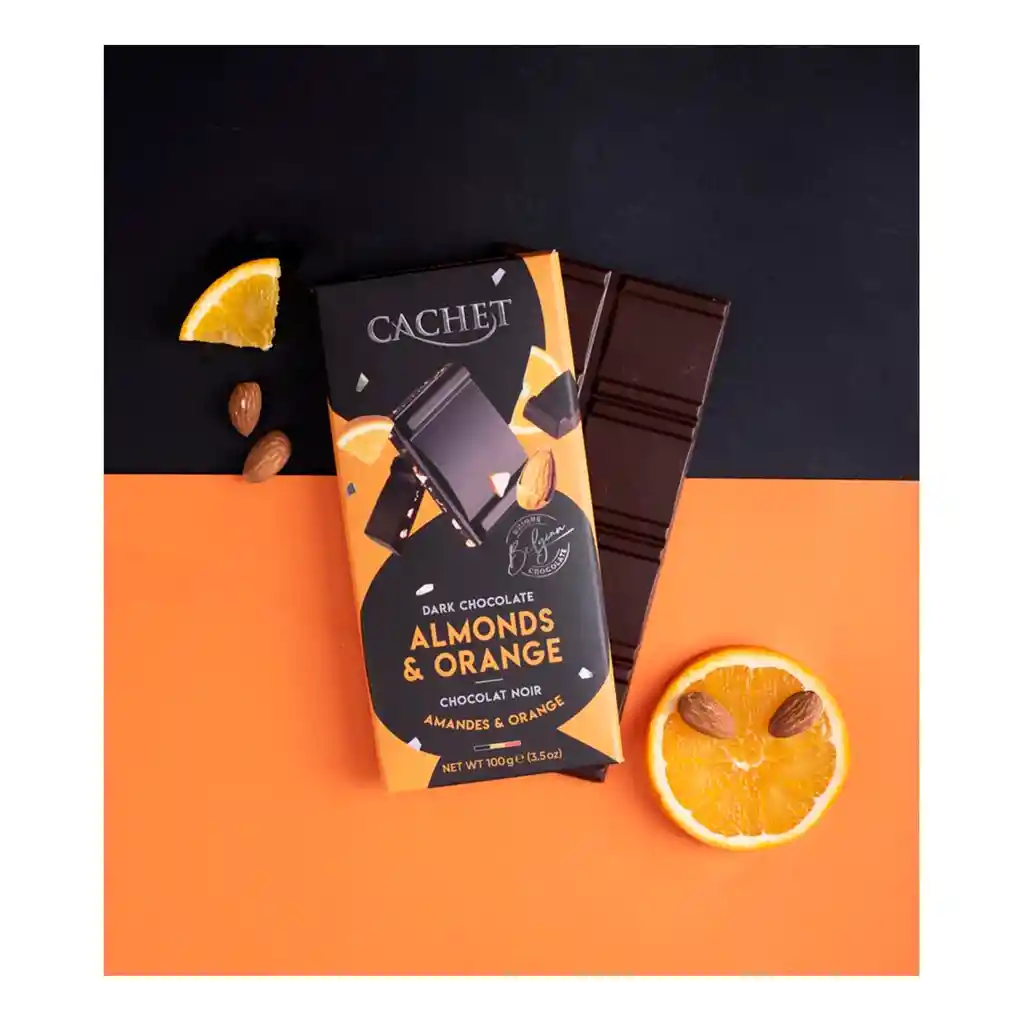 Cachet Chocolate Belga Almendras & Naranja 57% Cacao, Crujiente, Frutal Y Artesanal 100 g