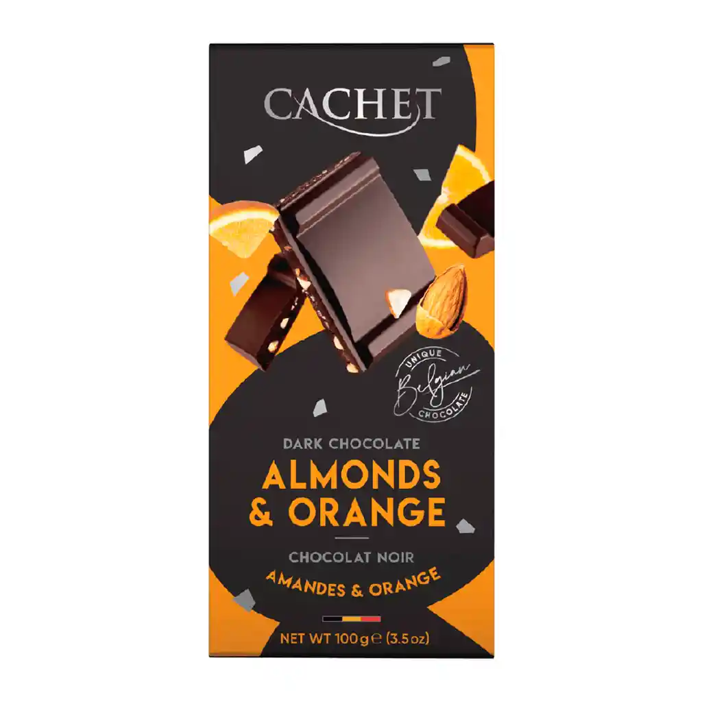 Cachet Chocolate Belga Almendras & Naranja 57% Cacao, Crujiente, Frutal Y Artesanal 100 g