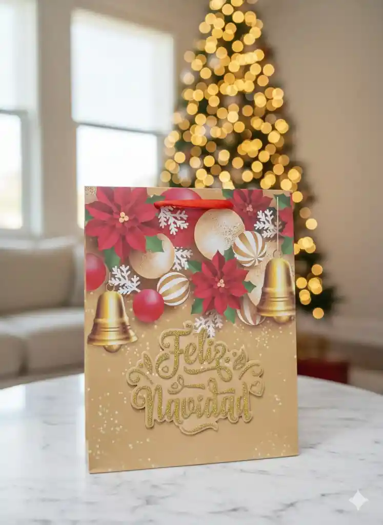 Bolsa De Regalo Navideña 32x26 Cm – Varios Colores Con Detalles Escarchados En Relieve 3d