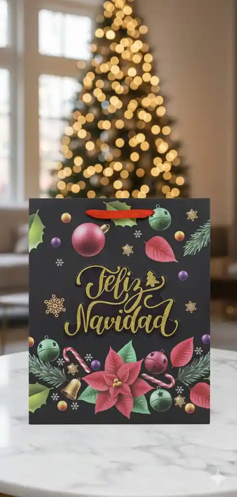 Bolsa De Regalo Navideña 32x26 Cm – Varios Colores Con Detalles Escarchados En Relieve 3d