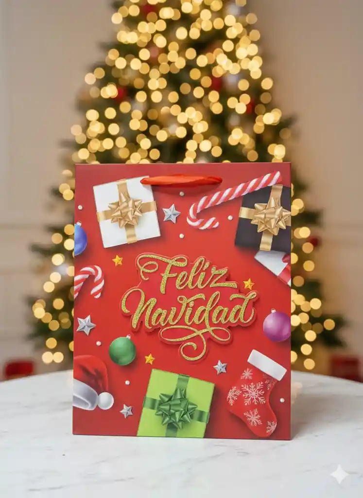 Bolsa De Regalo Navideña 32x26 Cm – Varios Colores Con Detalles Escarchados En Relieve 3d