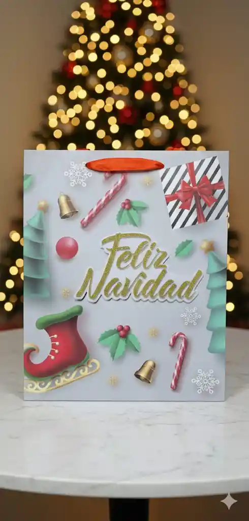 Bolsa De Regalo Navideña 32x26 Cm – Varios Colores Con Detalles Escarchados En Relieve 3d