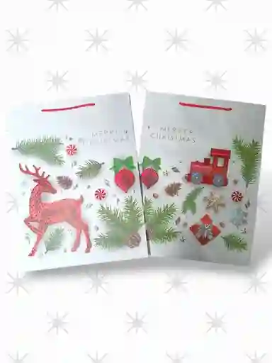 Bolsa De Regalo Navideña 32x26 Cm – Blanca Elegante Con Detalles Rojos Escarchados (varios Diseños)