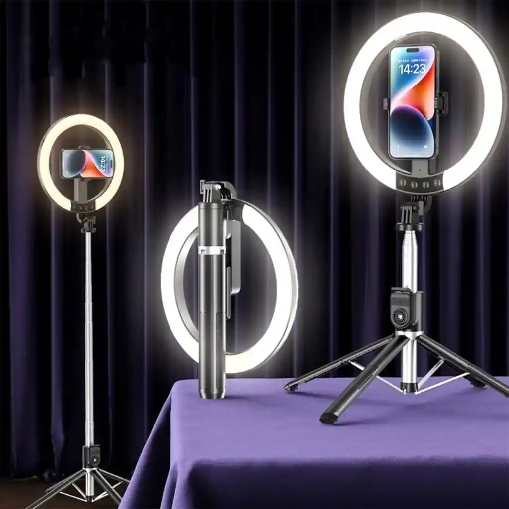 230cm, Tripode Y Palo De Selfie Con Aro De Luz + Control Bluetooth