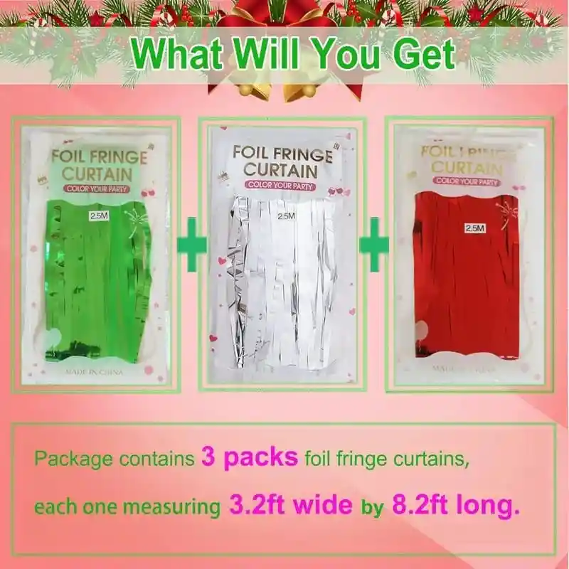 Cortinas Metalizadas Flecos Color Rojo,verde Y Plateado X3 Unidades