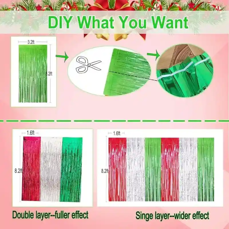 Cortinas Metalizadas Flecos Color Rojo,verde Y Plateado X3 Unidades