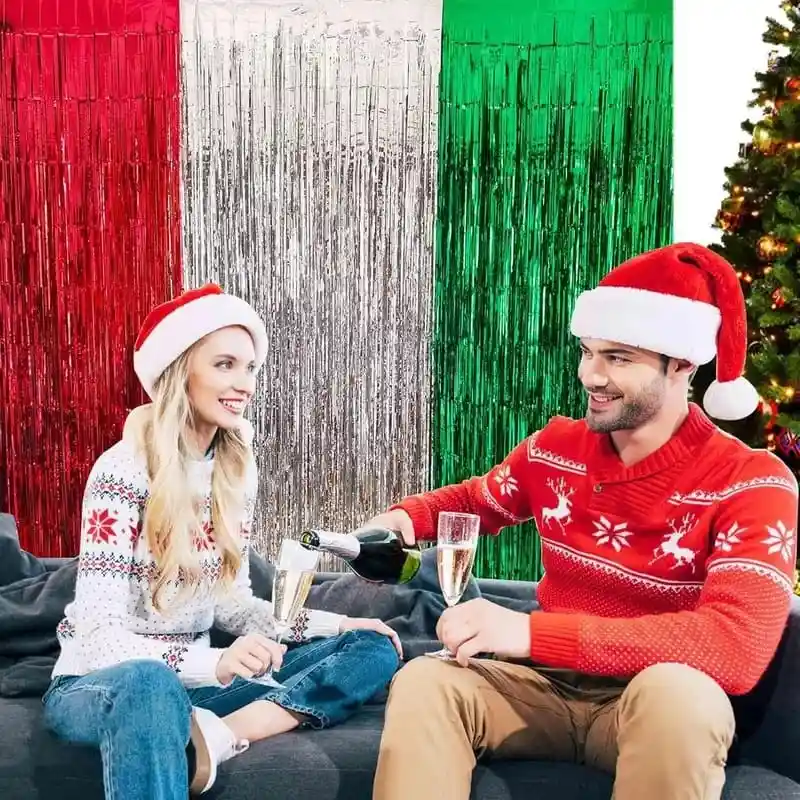 Cortinas Metalizadas Flecos Color Rojo,verde Y Plateado X3 Unidades