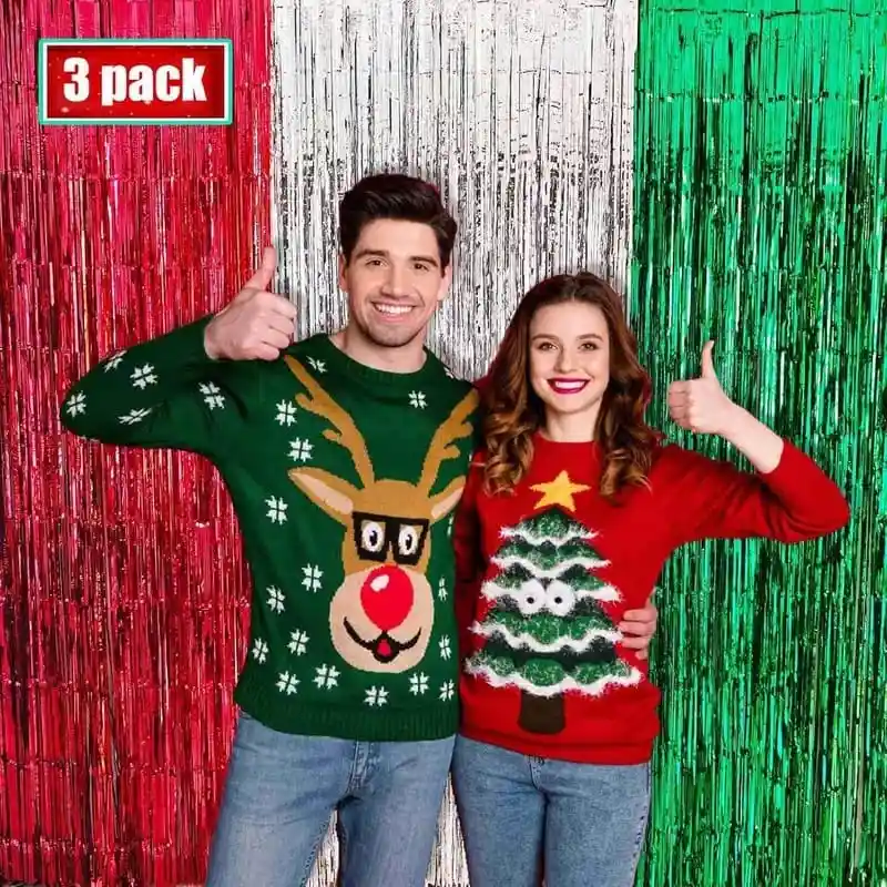 Cortinas Metalizadas Flecos Color Rojo,verde Y Plateado X3 Unidades