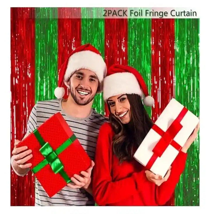 Cortinas Metalizadas Flecos Color Rojo Y Verde Cada De (1metro Ancho X 2 Metros De Largo)