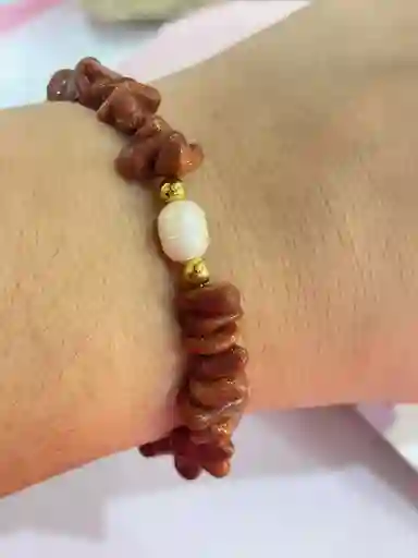 Pulsera De Cuarzo Lluvia De Oro Con Perla De Río