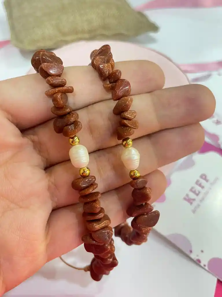 Pulsera De Cuarzo Lluvia De Oro Con Perla De Río