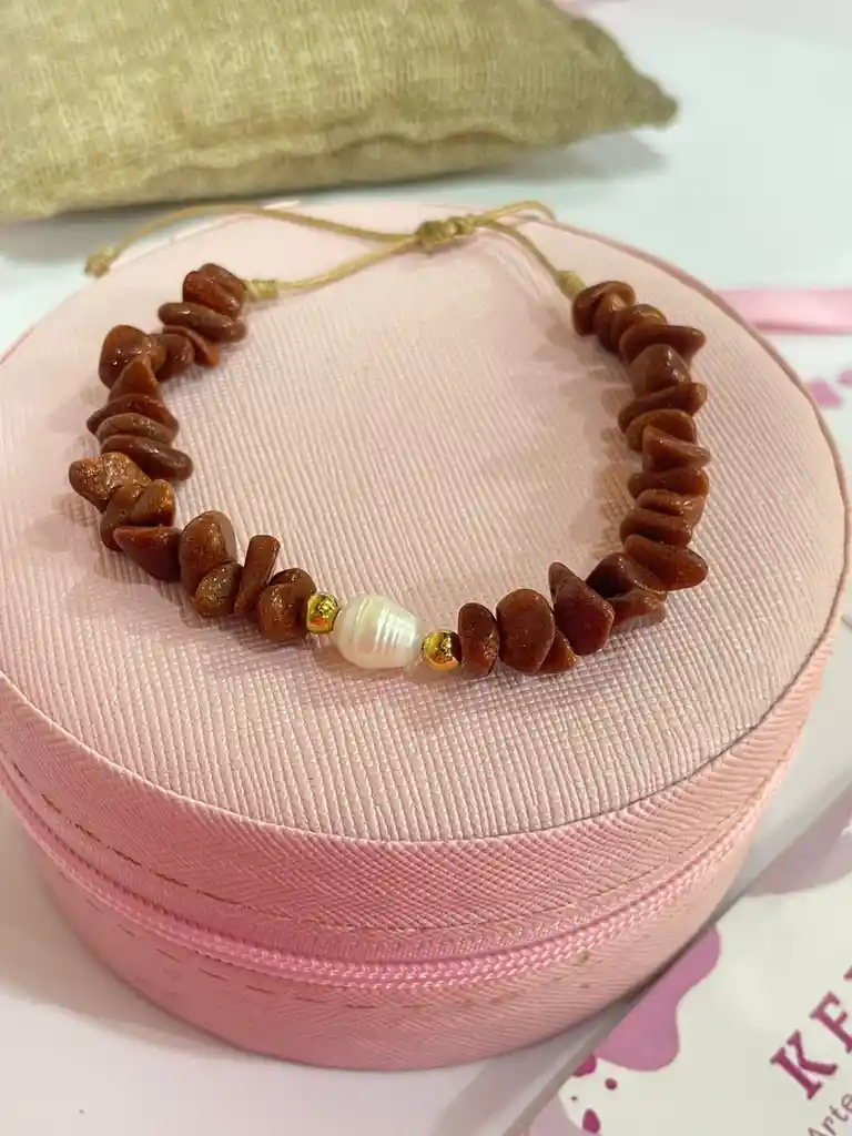 Pulsera De Cuarzo Lluvia De Oro Con Perla De Río