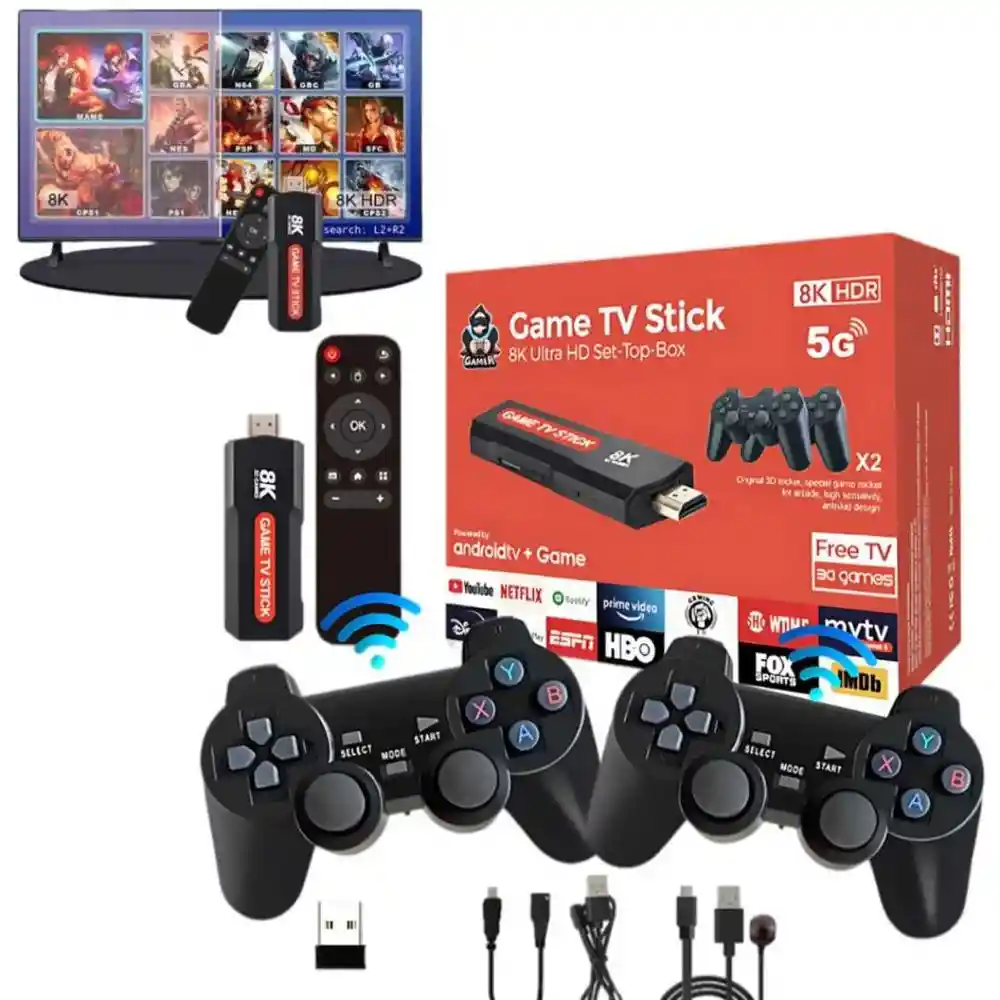 Consola Game Tv Stick 8k Juegos + Convertidor En Smart Tv Con Controles Inalambricos