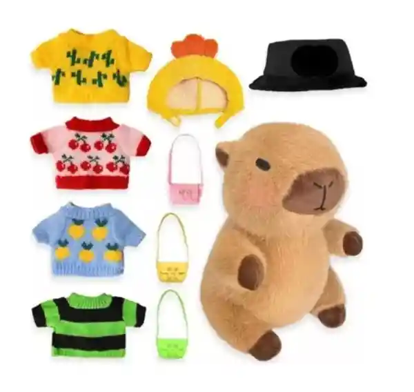 Peluche Capibara Con 9 Piezas De Ropa Capibara A La Moda