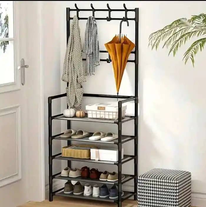 Organizador Multifuncional Rack Zapatero Perchero 4 Niveles Color Negro