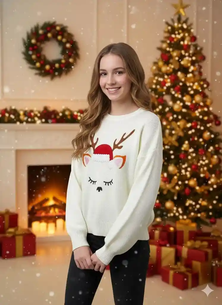 Saco Blanco Talla Unica Reno Navideño De Lana Para Adulto Tejido Navidad