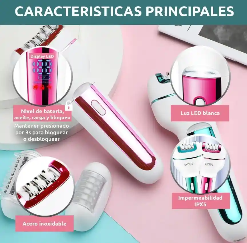 Afeitadora Electrica + Trimmer 3 En 1 Mujer Recargable Vgr V-732