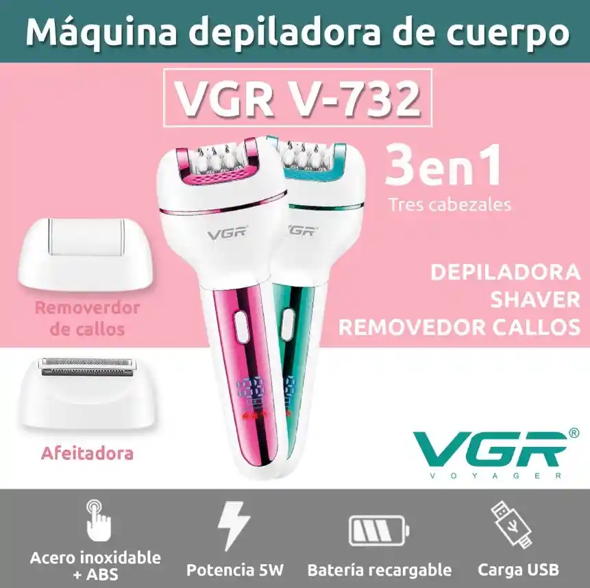 Afeitadora Electrica + Trimmer 3 En 1 Mujer Recargable Vgr V-732