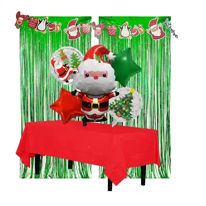 Kit Decorativo Navidad Globos Cortinas Y Guirnalda Santa