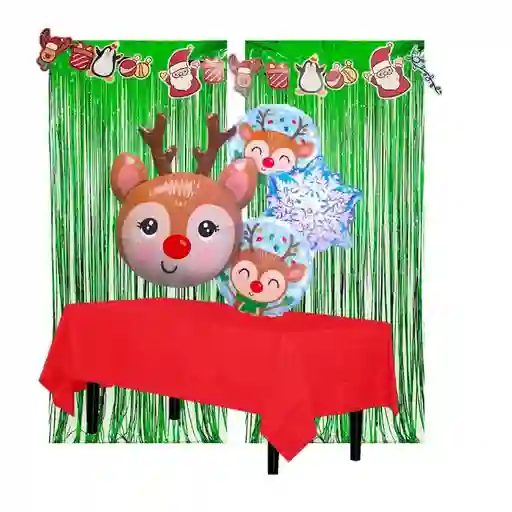 Kit Decorativo Navidad Globos Cortinas Y Guirnalda Reno