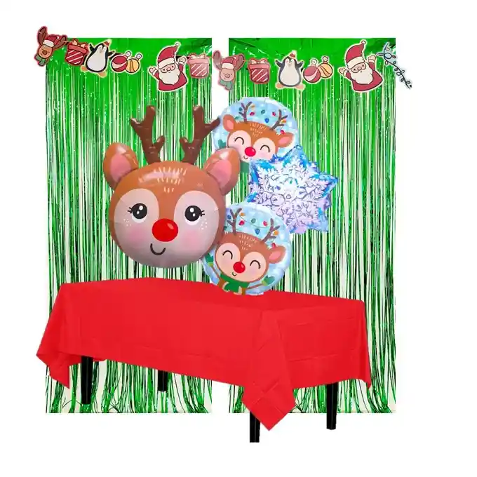 Kit Decorativo Navidad Globos Cortinas Y Guirnalda Reno