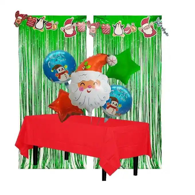 Kit Decorativo Navidad Globos Cortinas Y Guirnalda Santa 3