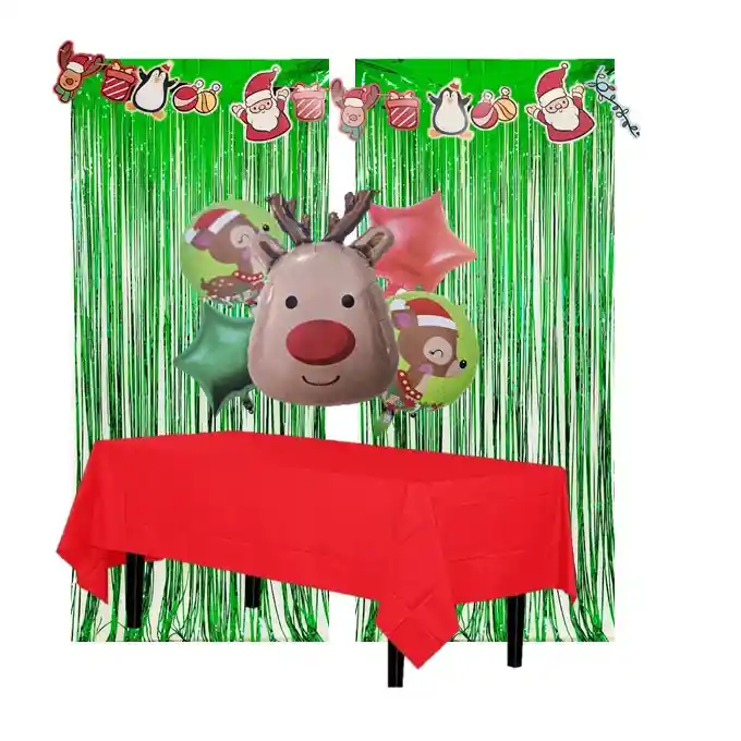 Kit Decorativo Navidad Globos Cortinas Y Guirnalda Feliz Navidad