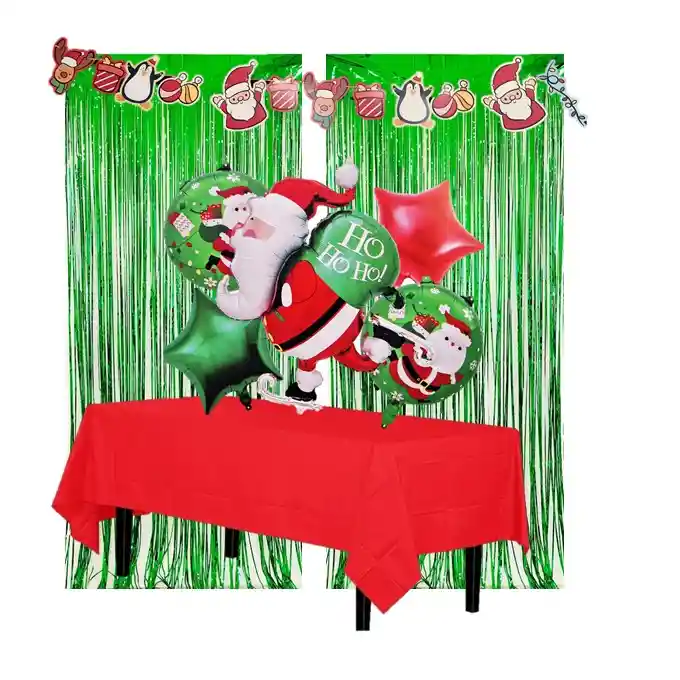 Kit Decorativo Navidad Globos Cortinas Y Guirnalda Santa C