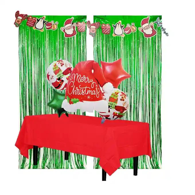 Kit Decorativo Navidad Globos Cortinas Y Guirnalda Gorro De Santa