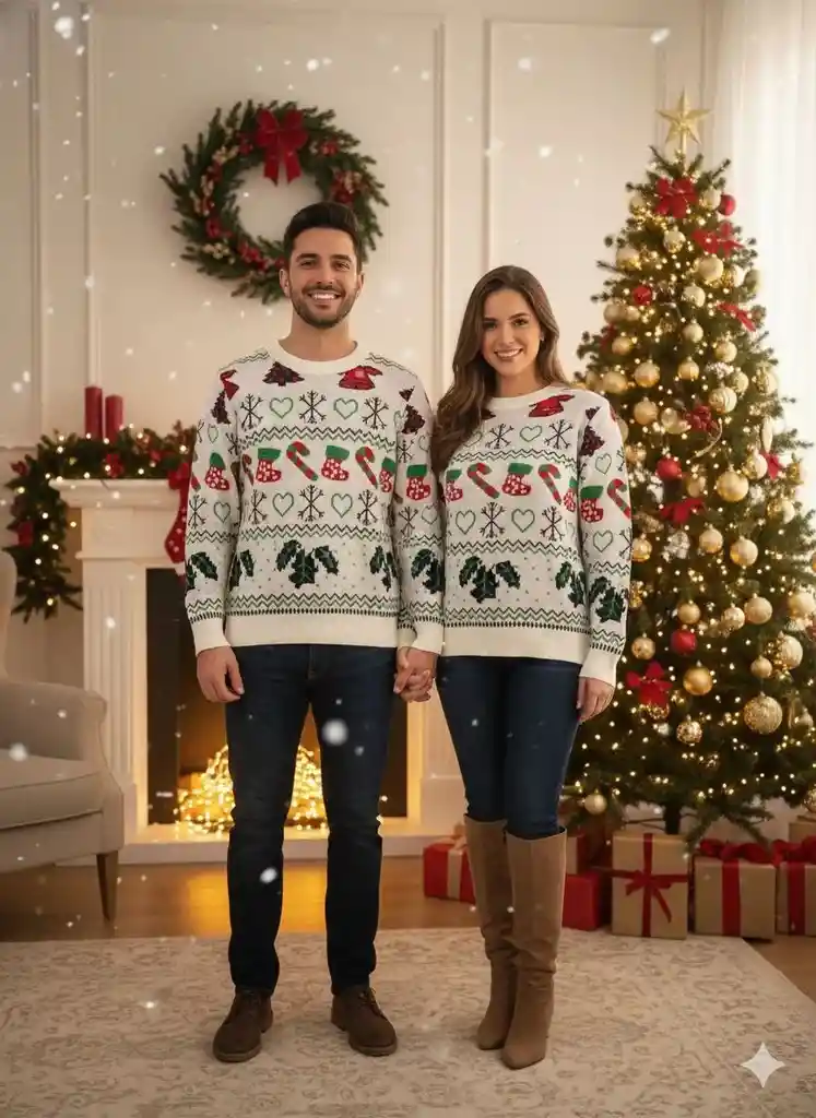 Saco Blanco Bastones Talla M Navideño Navideño Lana Tejido Navidad