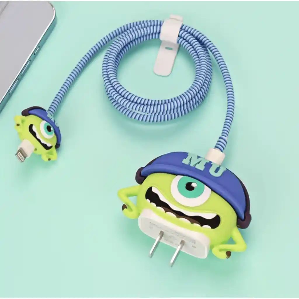 Kit Completo Protector De Cable + Protector De Cargador Iphone 18w/20w. Modelo: Mike Wazowski Monsters University